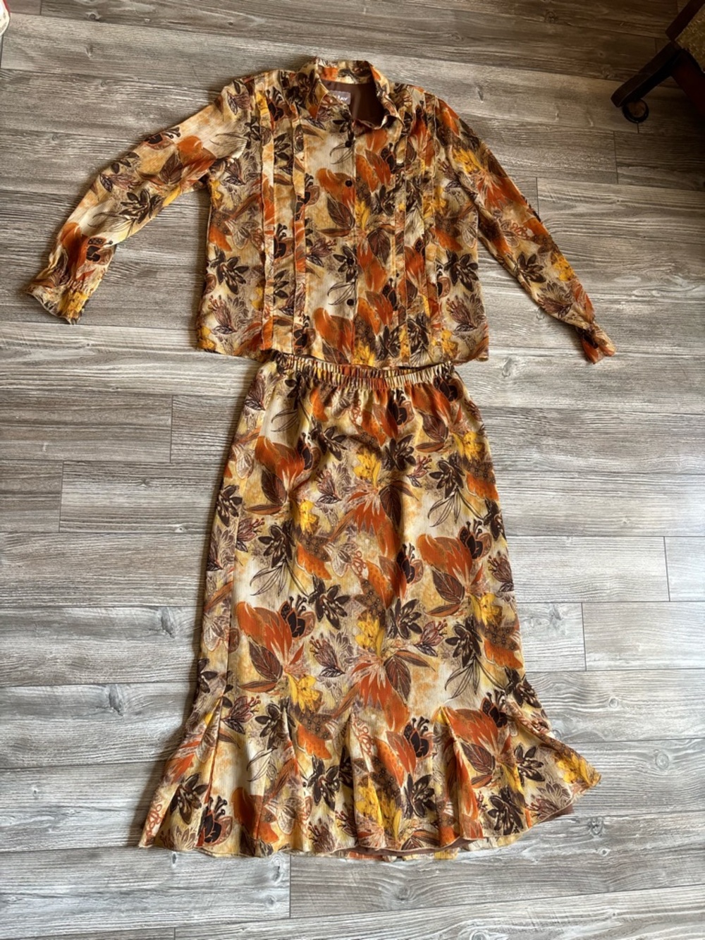 TanJay Floral Two-Piece Long Sleeve Dress Set in Rust and Brown